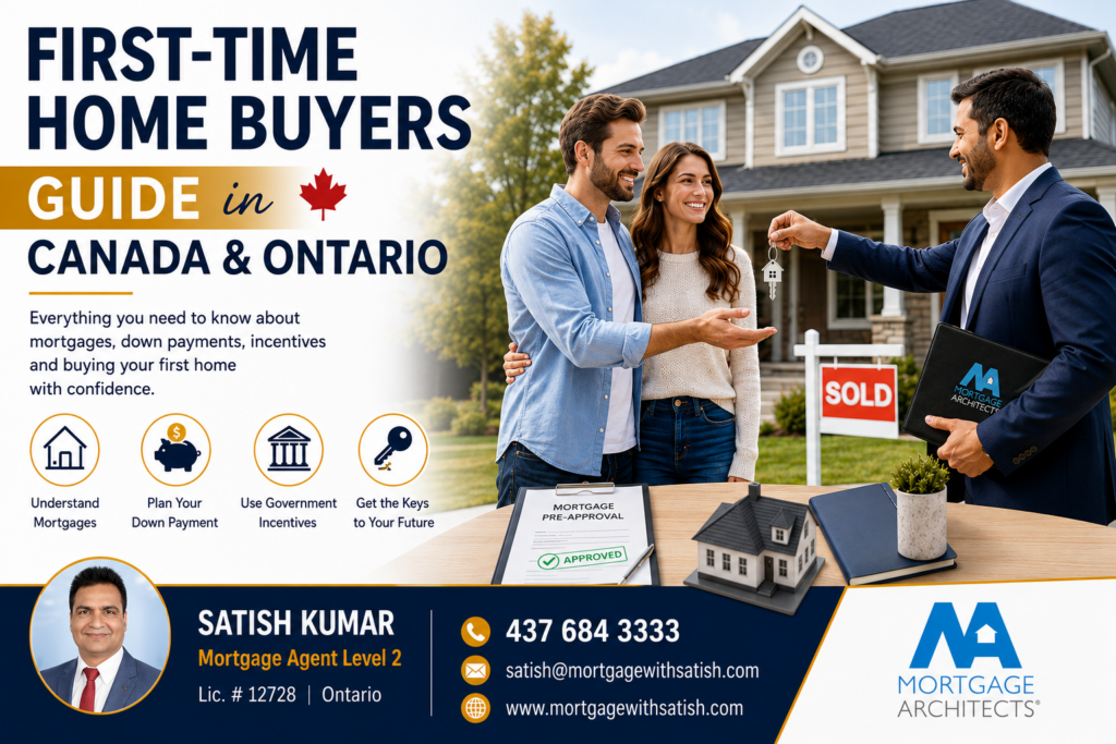 First-Time Home Buyers: The Complete Ontario & Canada Guide 1 A young Canadian family receiving the keys to their first home with an Ontario house in the background, representing first-time home buying, mortgage approval, down payment planning, and homeownership in Canada.