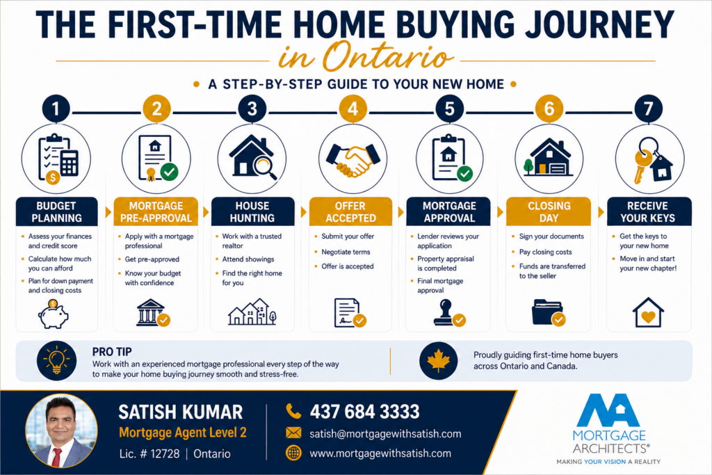 First-Time Home Buyers: The Complete Ontario & Canada Guide 2 Step-by-step infographic showing the first-time home buying journey in Ontario from financial planning to receiving the keys.