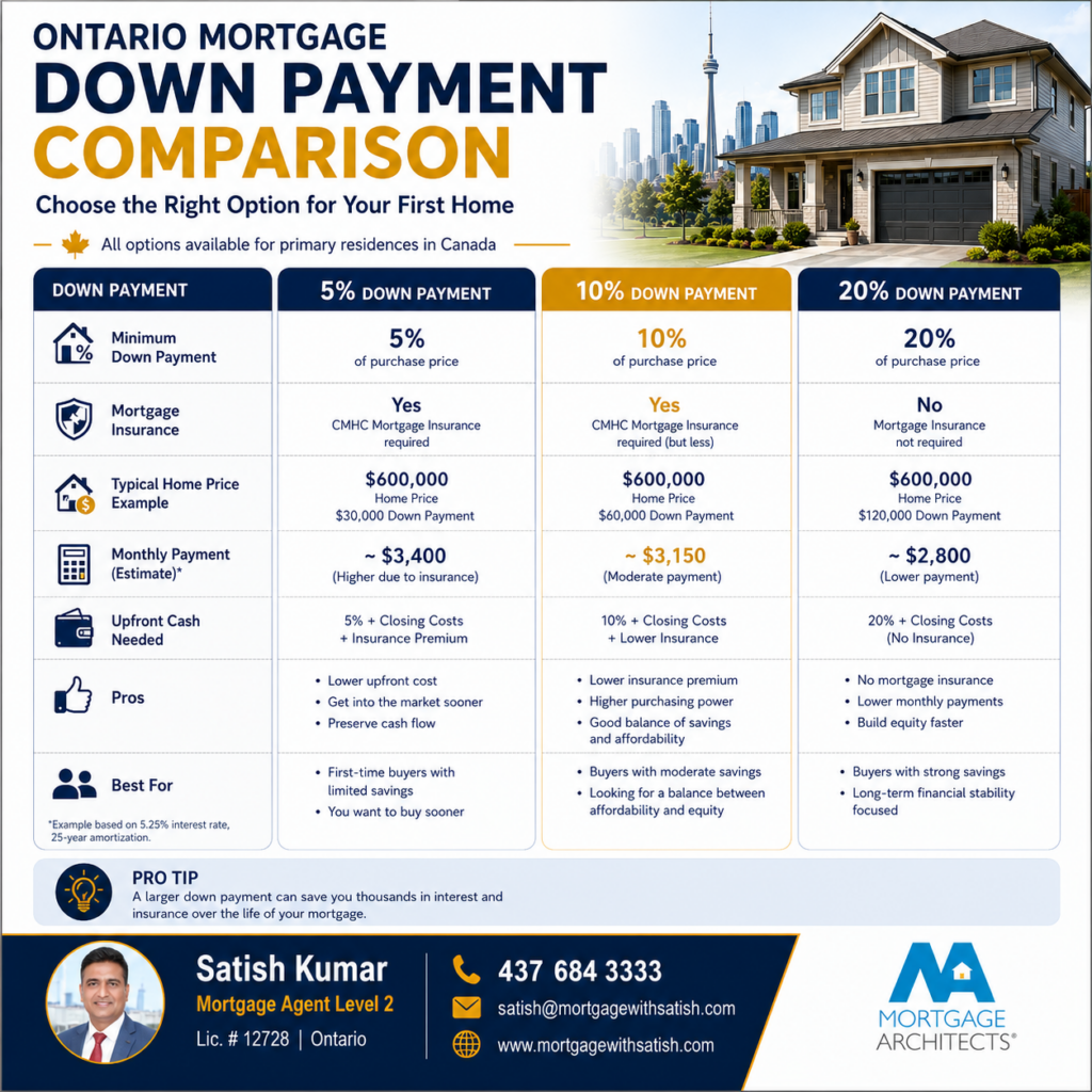 First-Time Home Buyers: The Complete Ontario & Canada Guide 3 Comparison graphic showing 5%, 10%, and 20% mortgage down payment options in Canada.
