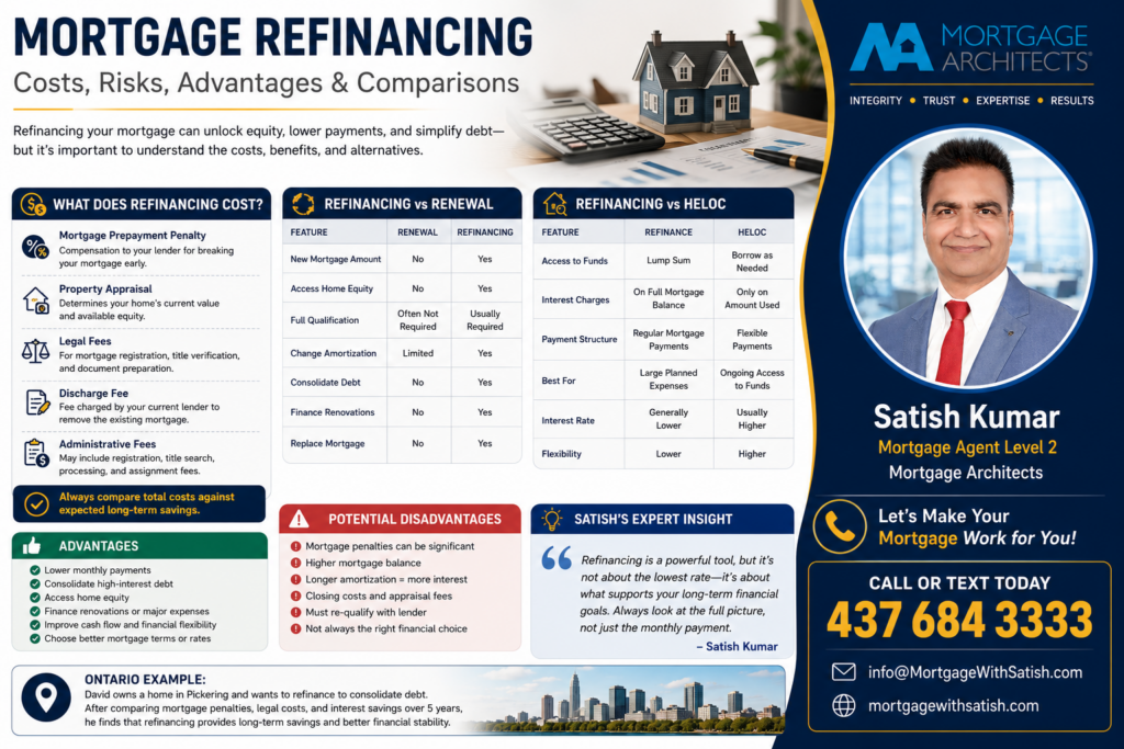 Comparison chart showing the differences between mortgage refinancing, mortgage renewal, and a HELOC in Canada.