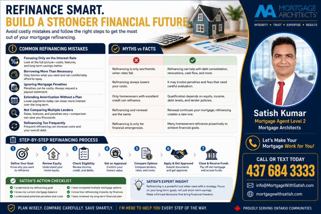 Infographic highlighting the advantages, costs, and potential risks of mortgage refinancing in Ontario.