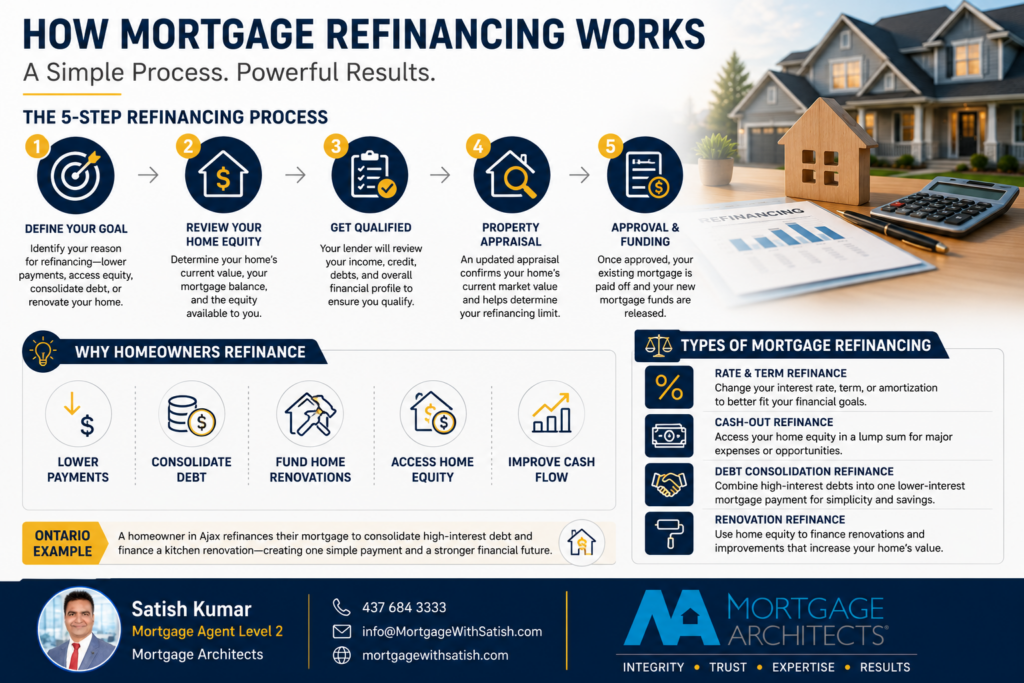 Infographic explaining the mortgage refinancing process from goal setting to approval in Ontario.