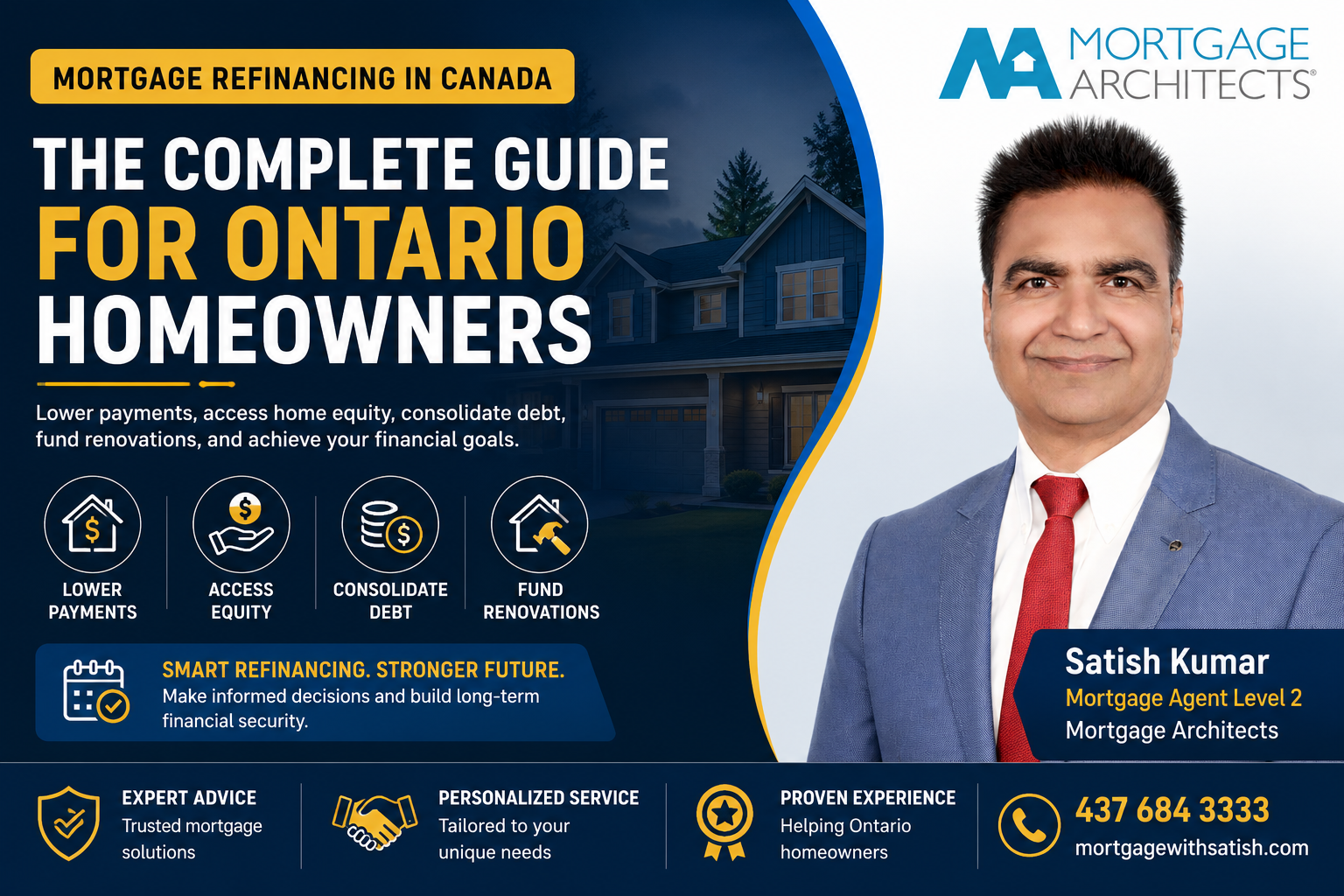 Blog 9 Mortgage refinancing guide showing a Canadian homeowner, modern home, mortgage documents, and financing solutions in Ontario.
