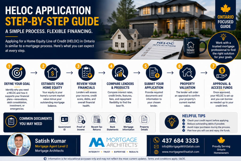 Home Equity Line of Credit (HELOC): The Complete Guide for Ontario Homeowners 6 Step-by-step infographic showing the HELOC application process and required documents in Ontario.