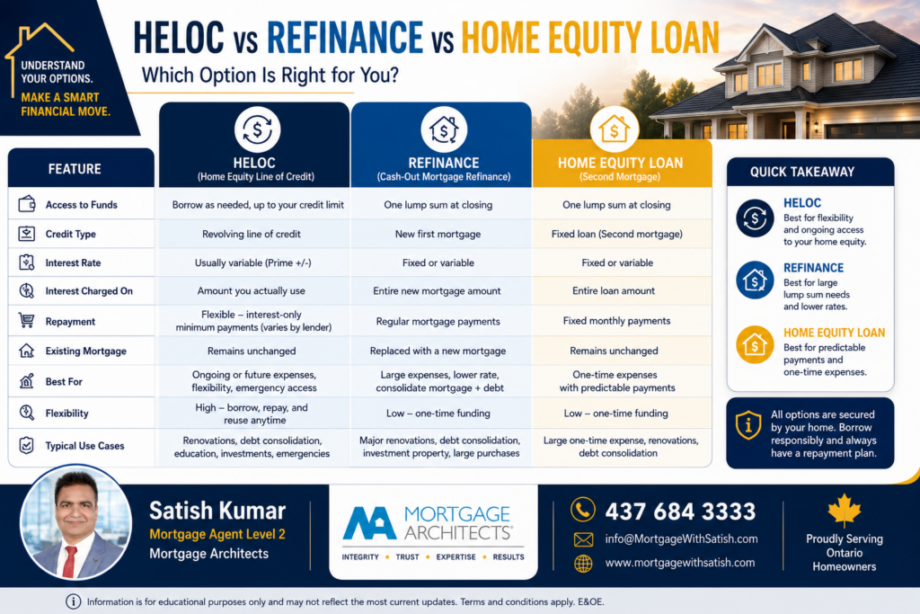 Home Equity Line of Credit (HELOC): The Complete Guide for Ontario Homeowners 3 Comparison chart illustrating differences between a HELOC, mortgage refinance, and home equity loan for Ontario homeowners.