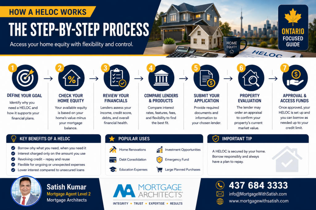 Home Equity Line of Credit (HELOC): The Complete Guide for Ontario Homeowners 2 Seven-step infographic showing how a Home Equity Line of Credit works in Ontario from qualification through approval.