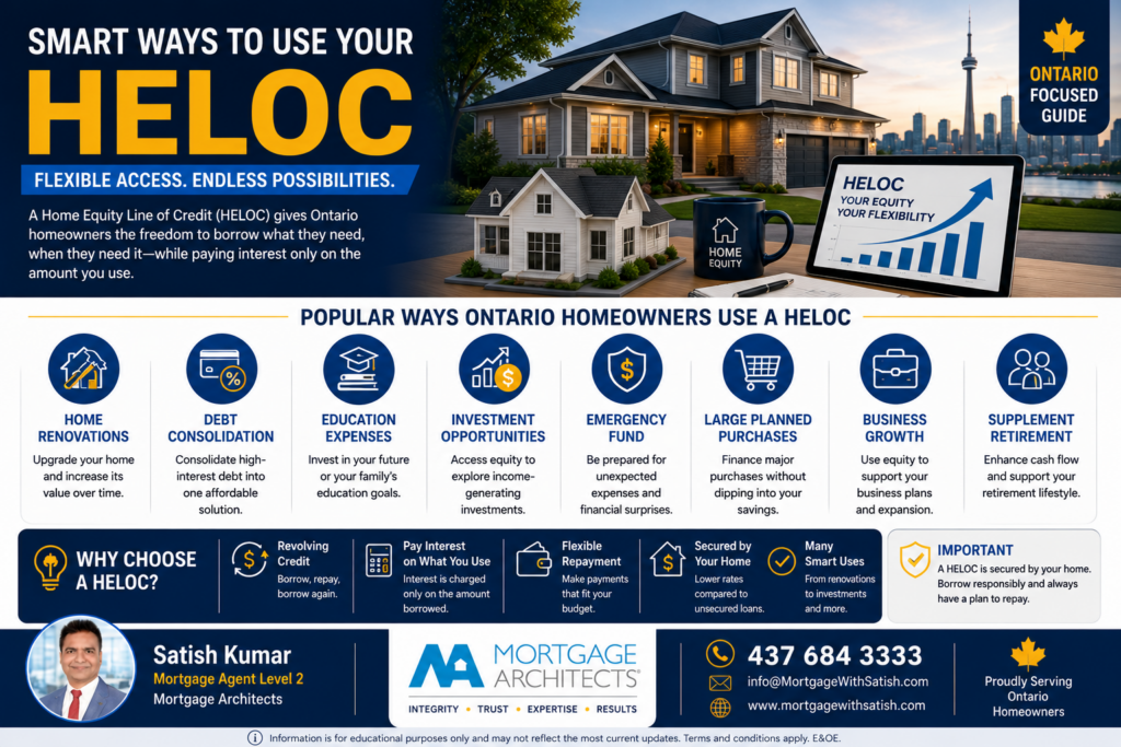 Home Equity Line of Credit (HELOC): The Complete Guide for Ontario Homeowners 4 Infographic showing the most common ways Ontario homeowners use a Home Equity Line of Credit.