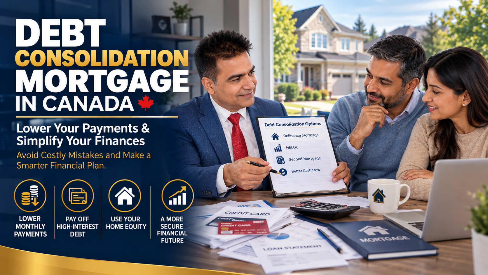 Ontario homeowners reviewing a debt consolidation mortgage and mortgage refinancing options to manage high-interest debt in Canada.