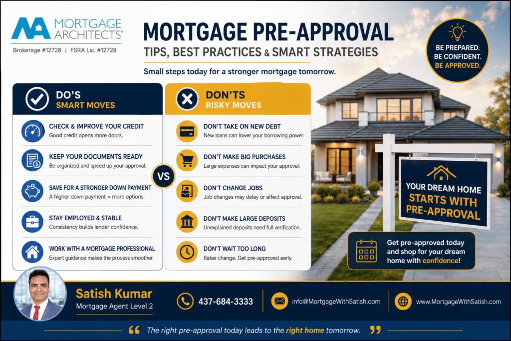Mortgage Pre-Approval: The Ultimate Ontario Home Buyer's Guide 4 Infographic comparing smart financial habits and common mistakes before mortgage approval.