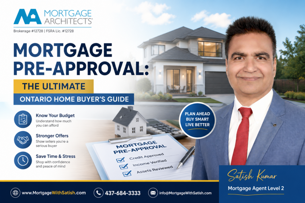 Mortgage pre-approval guide for Ontario home buyers featuring a modern home, Mortgage Architects branding, and Mortgage Agent Satish Kumar.