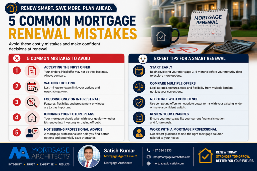 Infographic showing five common mortgage renewal mistakes homeowners should avoid.