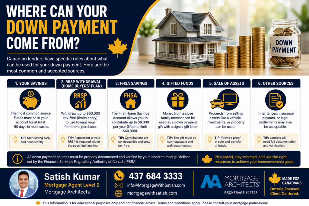 Infographic presenting practical strategies to save for a home down payment in Canada.