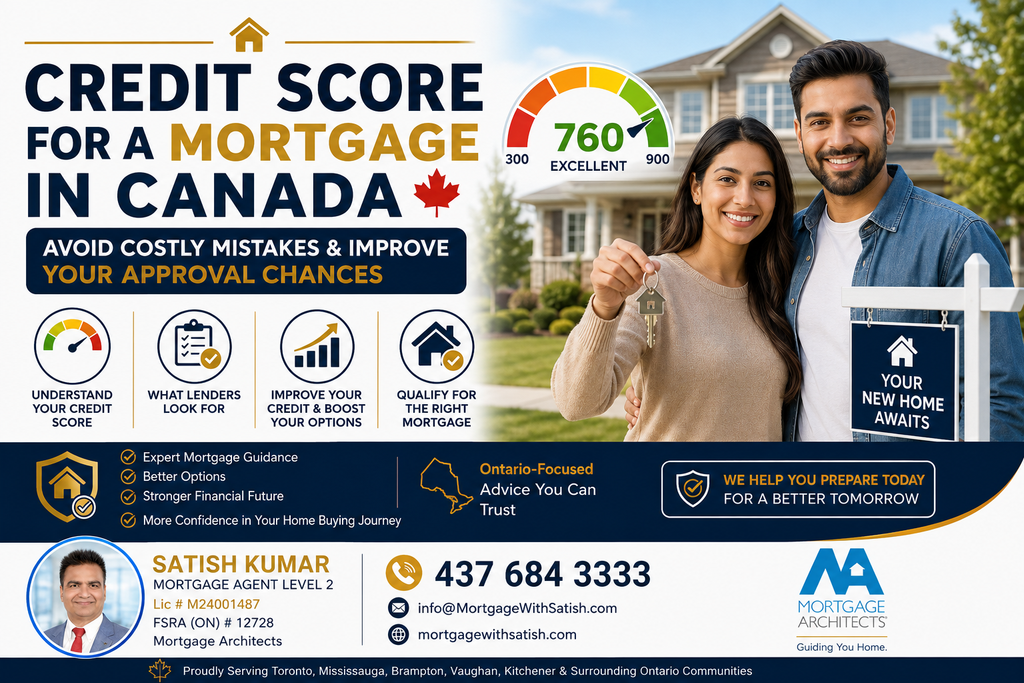 Credit Score for a Mortgage in Canada: Avoid Costly Mistakes & Improve Your Approval Chances 1 Credit score for a mortgage in Canada showing a couple in front of their new home, credit score gauge, mortgage approval guidance and Ontario mortgage expert information.