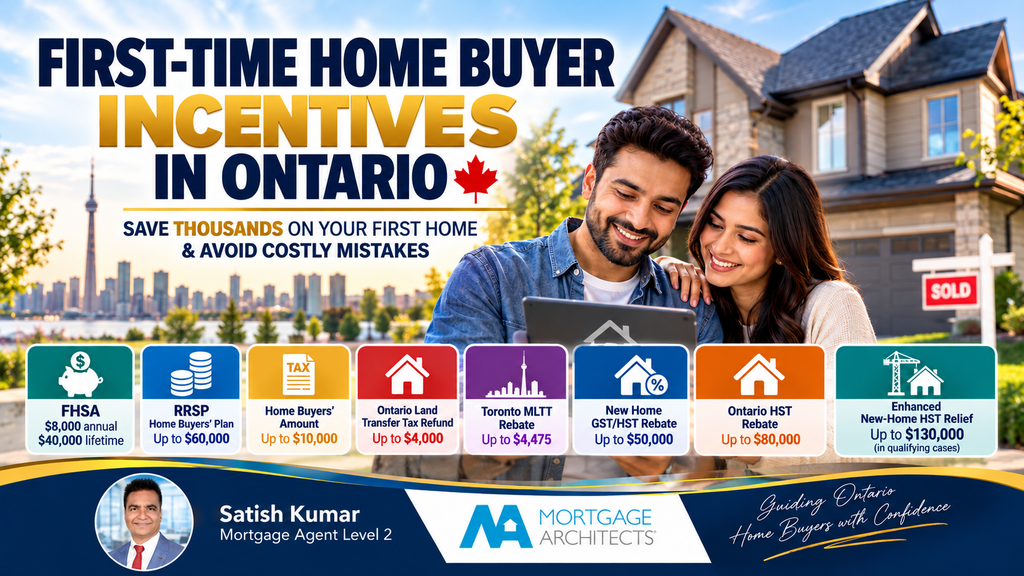 First-Time Home Buyer Incentives in Ontario: Save More & Avoid Costly Mistakes 1 First-time home buyers in Ontario reviewing mortgage incentives, FHSA savings, down payment options and government rebates for purchasing their first home.