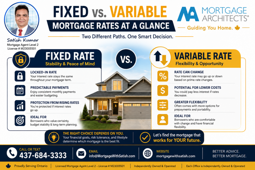 Comparison showing how fixed and variable mortgages perform during rising, falling, and stable interest rate environments.