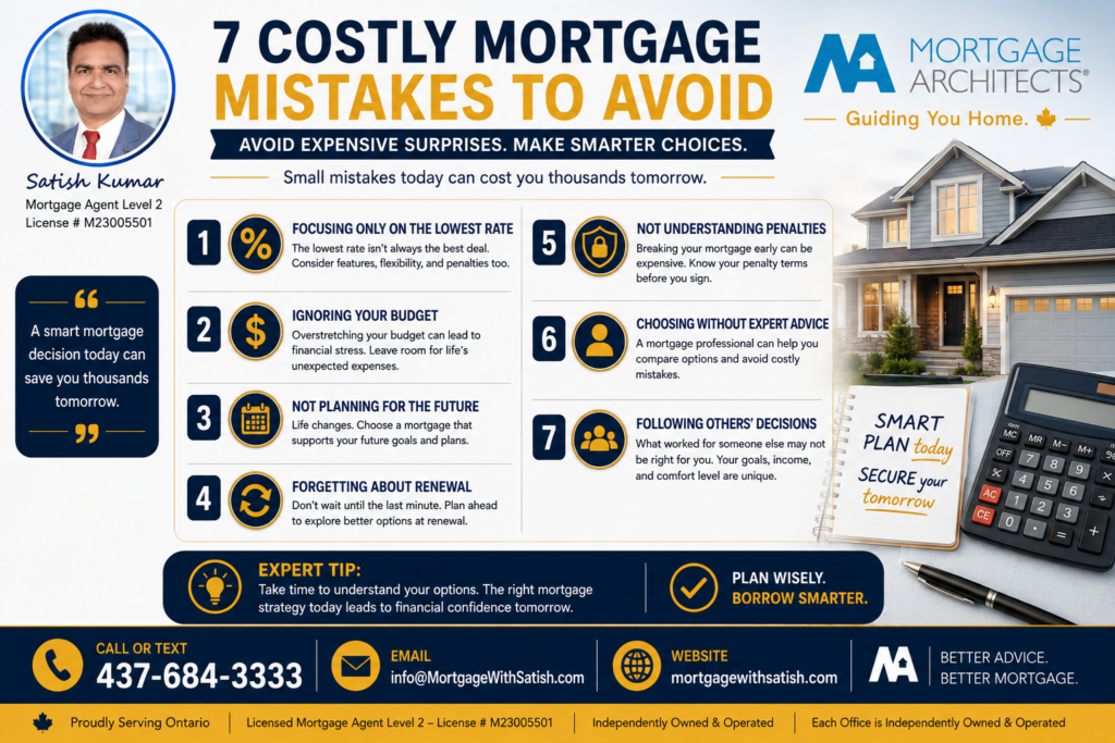 Infographic illustrating seven common mortgage mistakes Canadian home buyers should avoid.